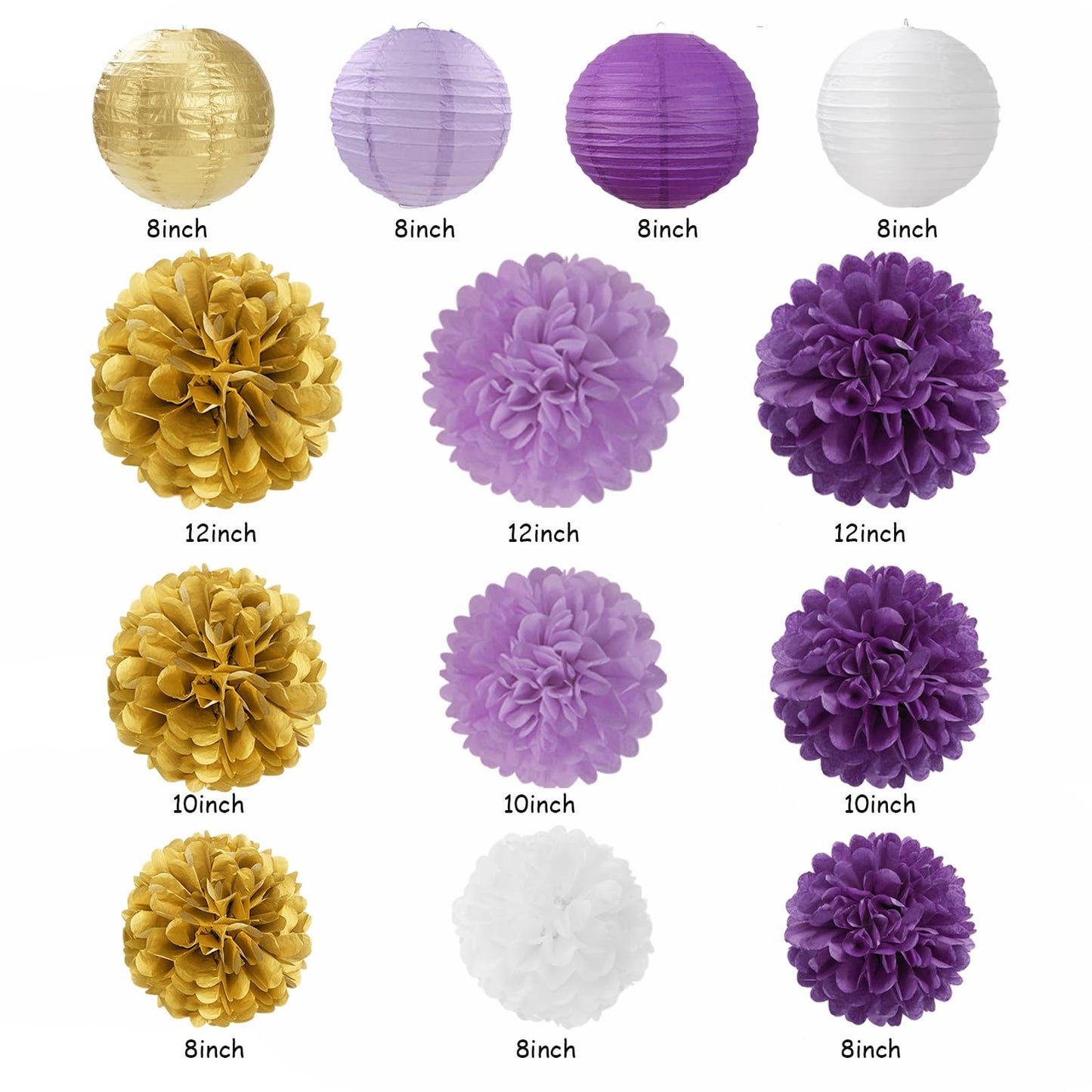 Purple-Lavender White Gold Party Decorations - 20pcs Graduation Birthday Paper Lanterns Fans,Tissue Pom Poms,Honeycomb Balls,Baby Shower Bridal Wedding Bachelorette Valentines Day Decor Burgleda