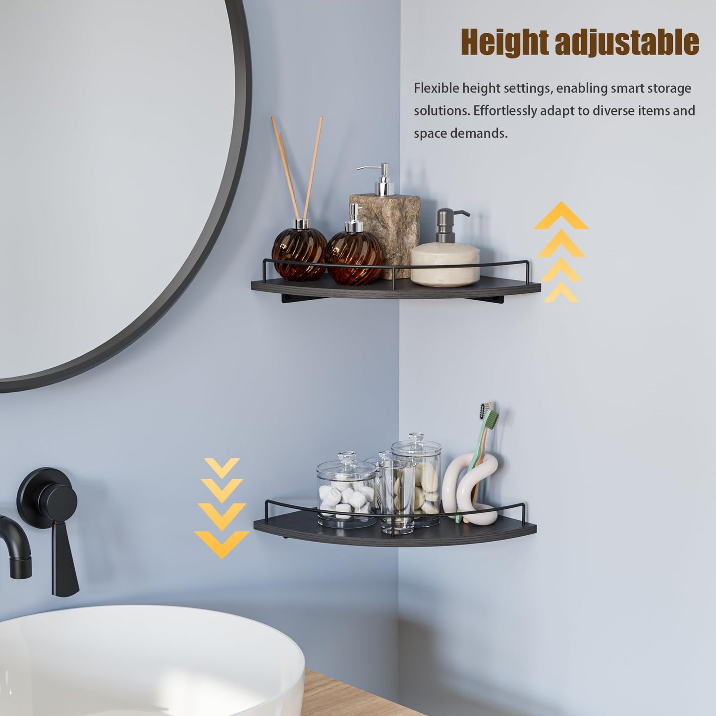 FNBAR Corner Floating Shelves, Rustic Brown Wood, Set of 2, Wall Mount Storage with Guardrail for Bathroom Kitchen Living Room (Black)