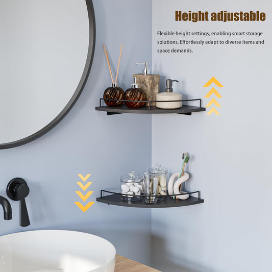 FNBAR Corner Floating Shelves, Rustic Brown Wood, Set of 2, Wall Mount Storage with Guardrail for Bathroom Kitchen Living Room (Black)