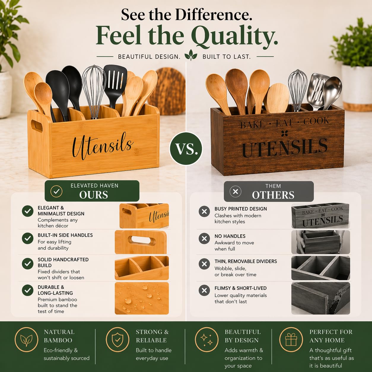 Bamboo Kitchen Utensil Holder for Countertop – Large 3-Compartment Organizer & Caddy with Drain Holes, Farmhouse Utensil Holder for Kitchen Counter, Rustic Wood Storage for Spoons & Spatulas
