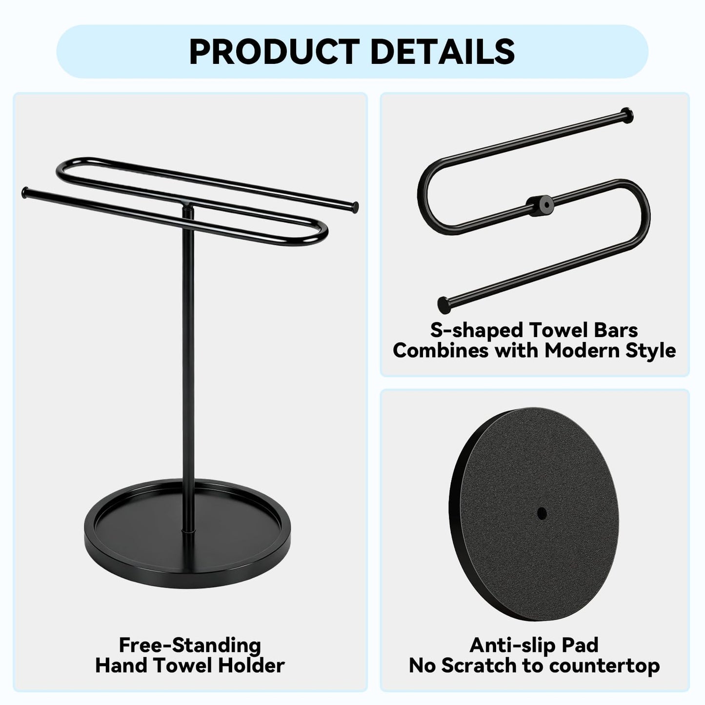 Upgraded S-Shape Hand Towel Stand for Bathroom - 14" Countertop Towel Holder Stand with Non-Slip Base, Free Standing Towel Racks for Kitchen/RV, Holds 2 Towels
