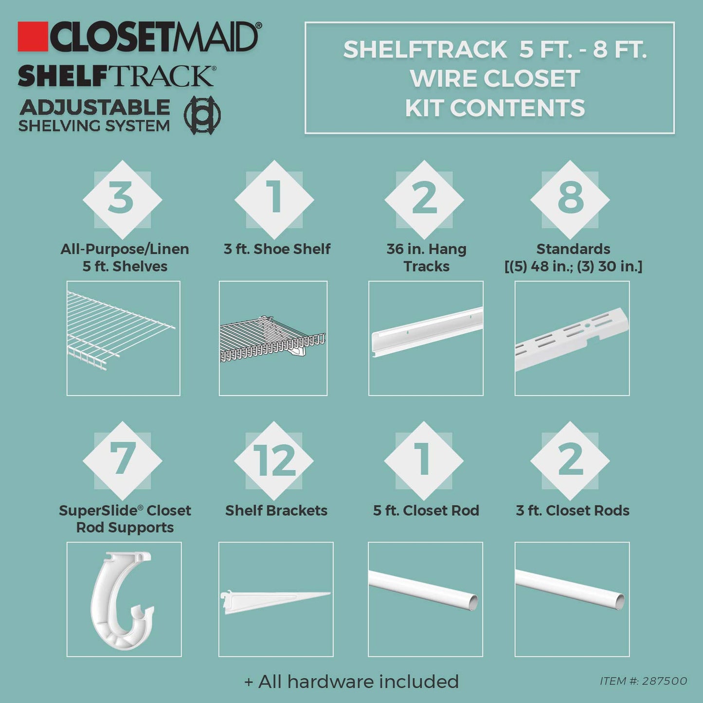 ClosetMaid ShelfTrack Wire Closet Organizer System, Adjustable from 5 to 8 Ft., with Shelves, Clothes Rods, Shoe Shelf, Hardware, Durable Steel, White