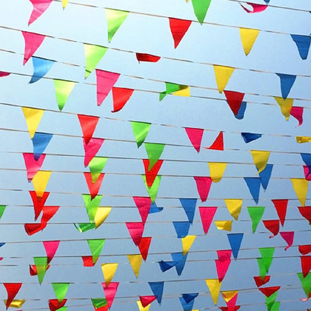 Novelty Place 100 Feet Pennant Banner - 75 Multicolor Bunting Flags (7x11 Inches) - Birthday Party Grand Opening Christmas Decorations