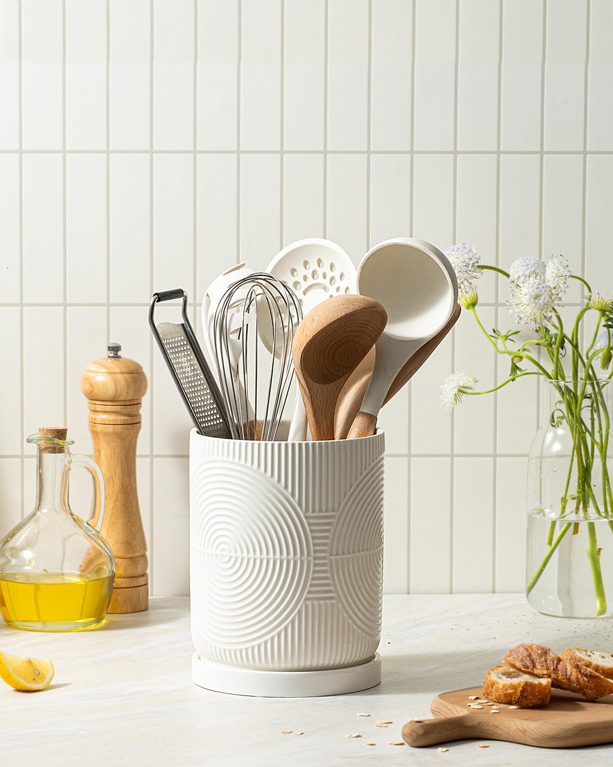 Swkien Utensil Holder, 7.2" Kitchen Utensil Holder for Counter, 2-in-1 Ceramic Cooking Utensils Holders with Spoon Rest, Utensil Crock for Spatula, Ideal Housewarming Gift (White)