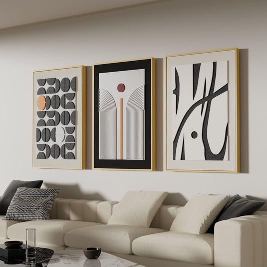 Large 3D Textured Framed Abstract Wall Art for Living Room, 3 Piece Modern Boho Artwork for Walls, Black White Orange Geometric Sandstone Texture Pictures for Hallway Office Home Decor 24x36 In