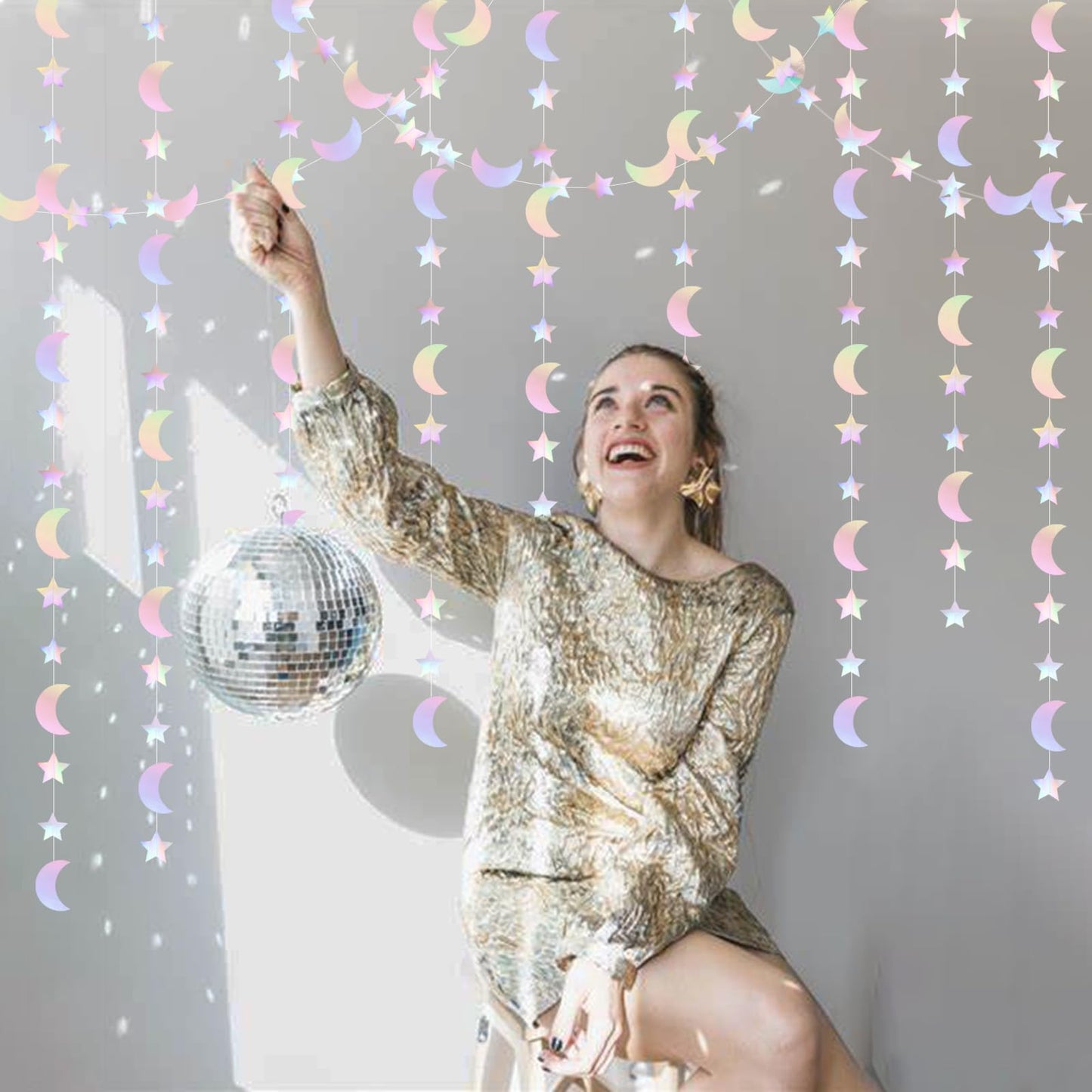 Iridescent Disco-Holographic Party-Decorations Moon-Star Garland - 62Ft Twinkle Little Star Hanging Neon Streamers Banner,Eid Ramadan Mubarak Decoration Birthday Wedding Baby Shower Decor Panduola