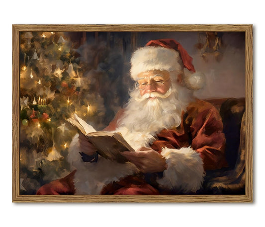 Framed Vintage Christmas Canvas Wall Art, Santa Claus Reading Book Paintings Wall Decor, Rustic Winter Holiday Pictures Prints for Living Room Bedroom Home Decoration 12×16 inch