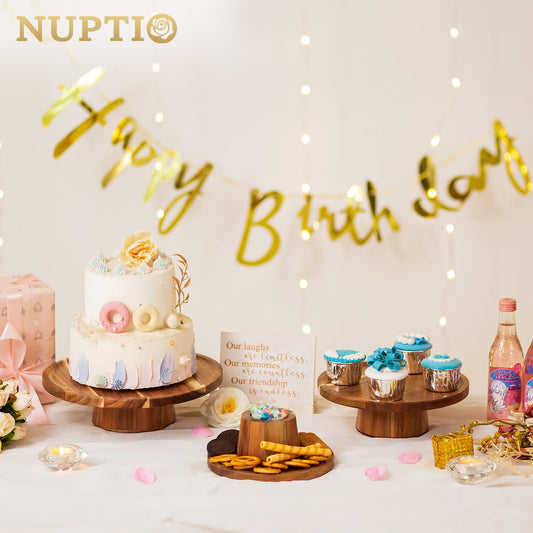 NUPTIO Wooden Rustic Cake Stand: 9.5" Round Cake Pedestal Holder 4 in 1 Vintage Cupcake Stand Serving Tray Dessert Display Plate for Wedding Halloween Christmas Easter Birthday Party - 8 Inch Cake