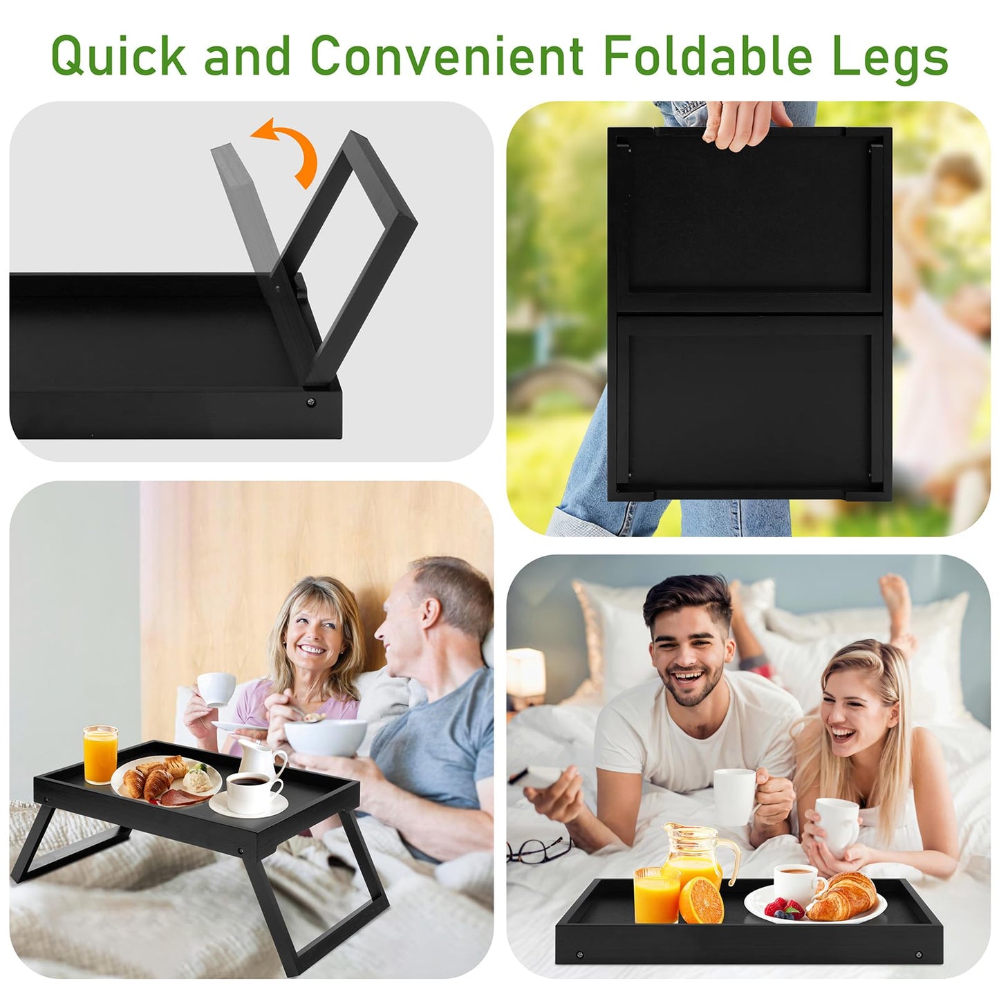 Kaukinye Bamboo Bed Tray Table with Foldable Legs, Breakfast Tray, Laptop Desk for Bed or Sofa,Food,Dinner,Serving,TV Table Kitchen, Eating,Working, Reading(Black)