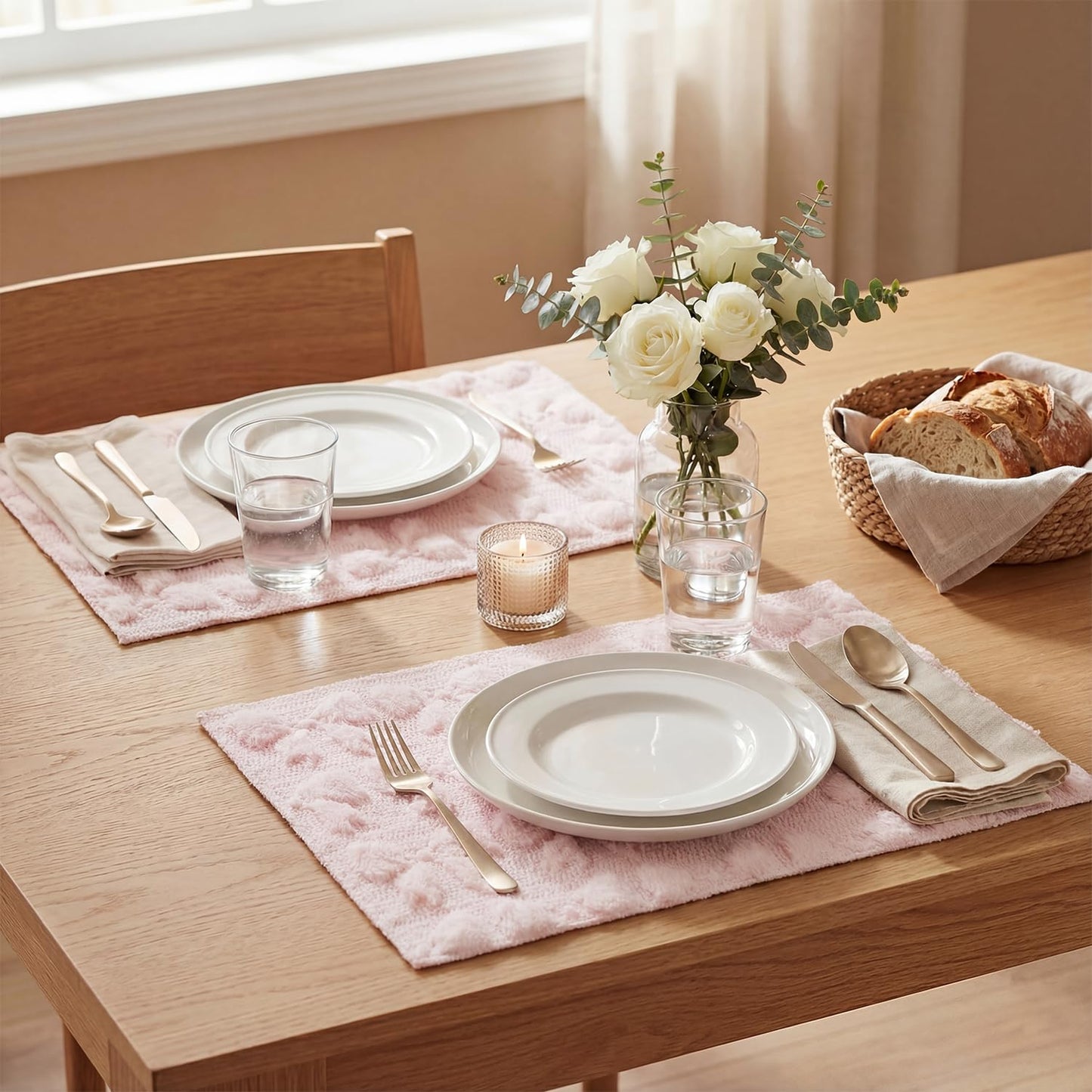 Artoid Mode Pink Bows Spring Placemats Set of 4, 12x18 Inch Soft Plush Faux Fur Wool Holiday Table Mats for Party Kitchen Dining Decoration