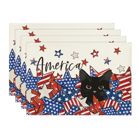 Artoid Mode Stars Black Cat Patriotic 4th of July Placemats Set of 4, 12x18 Inch Memorial Day Holiday Table Mats for Party Kitchen Dining Decoration