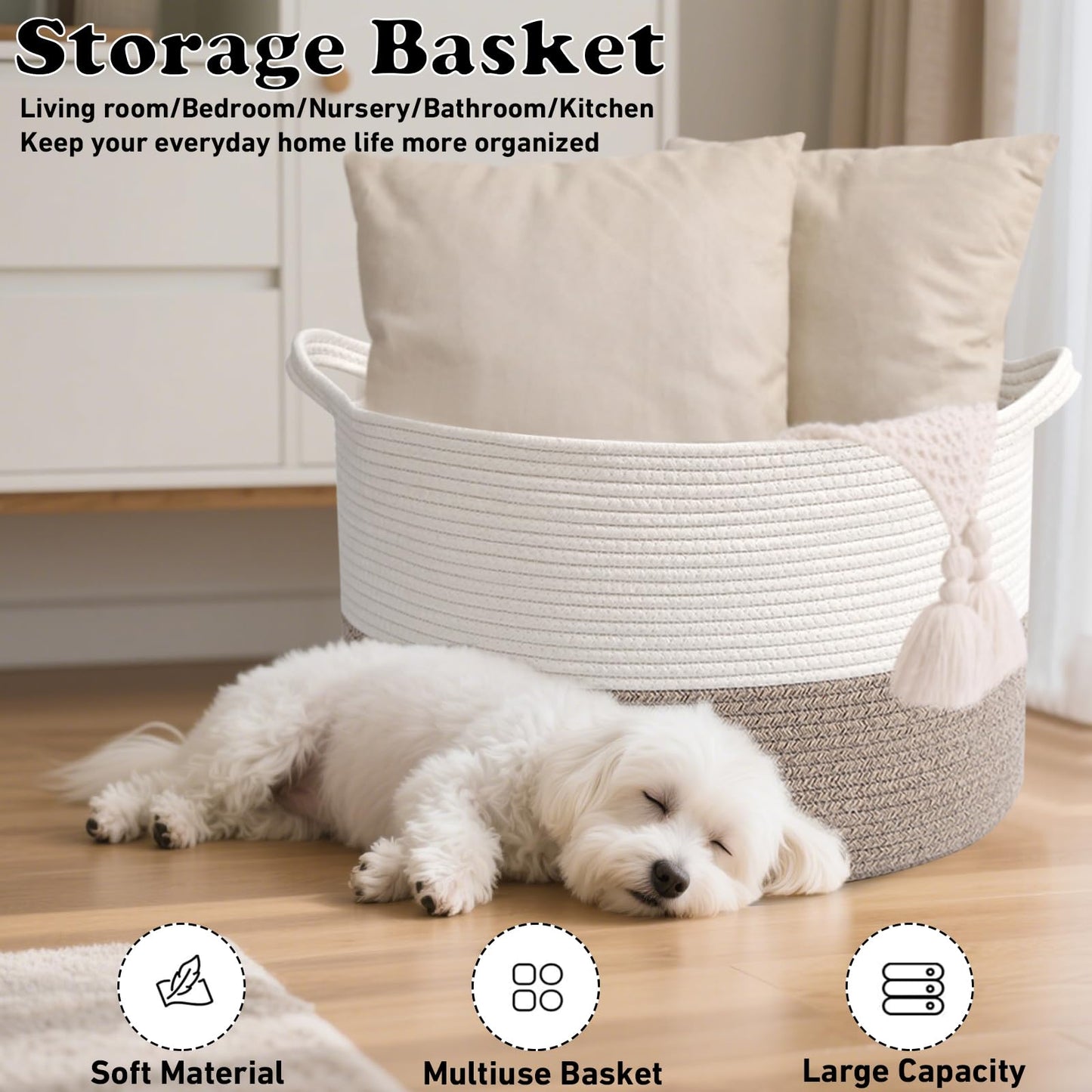 HZFTJOY Large Woven Blanket Basket,65L Cotton Rope Laundry Basket Hamper with Handles, Decorative Nursery Basket Storage Bin for Toys, Clothes Organizer, Living Room, Bedroom, Bathroom, White & Brown