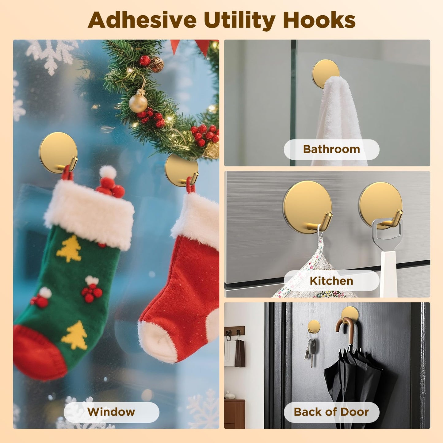 OUTXE Adhesive Wreath Hanger, Heavy Duty Reef Hook | for Front Door Glass Window | for Christmas/Thanksgiving/Halloween/July 4th/Easter/Valentine/Fall/Summer/Spring (Gold, 2-Pack)