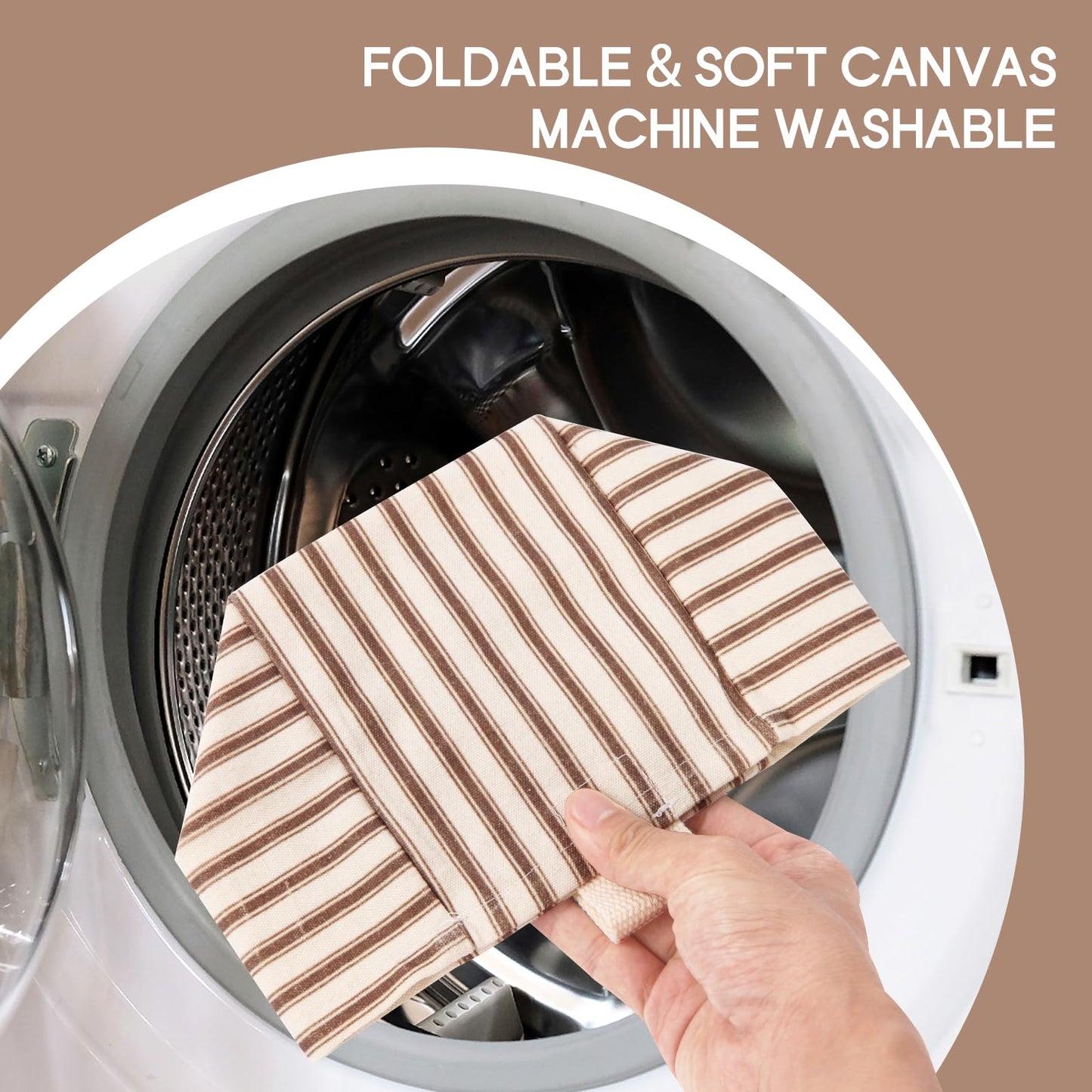 Tissue Box Cover, Fabric Tissue Box Holder Square, Stylish Reusable Toilet Paper Storage, Modern Bathroom Counter Organizer Decorations Accessories,Ticking Stripe 5''x5''x5'' (Light Brown)