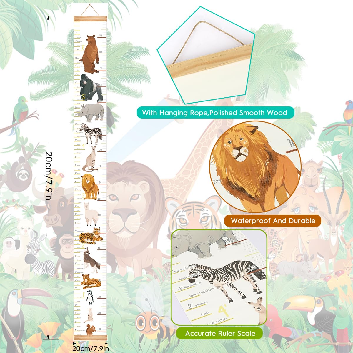 Mibote Baby Growth Height Chart Handing Ruler Wall Decor for Kids, Canvas Removable Height Growth Chart 79" x 7.9" (Animal)