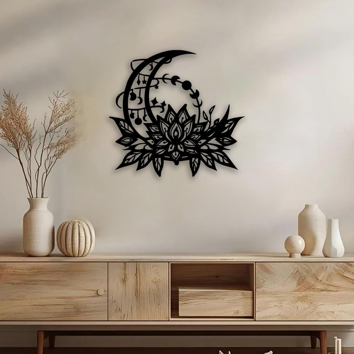 OPTYBVFD Moon Lotus Flower Metal Wall Decor - Moon Phase Room Decor Wall Art Home Decor for Living Room, Bedroom, Dining Room, Bathroom, Office (Black)