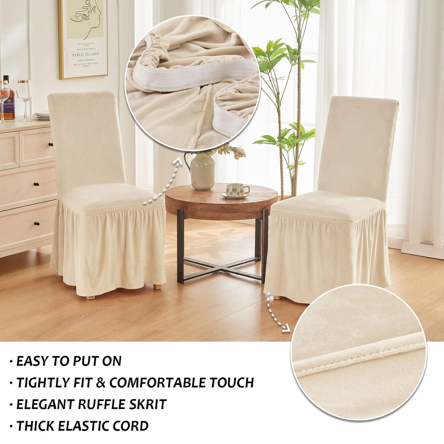 NICEEC Spandex Chair Covers for Dining Chairs Covers Set of 2 Removable Dining Room Chair Covers with Skirt Parson Chair Slipcovers Washable Chair Protector for Kitchen Wedding Party Banquet(Beige)