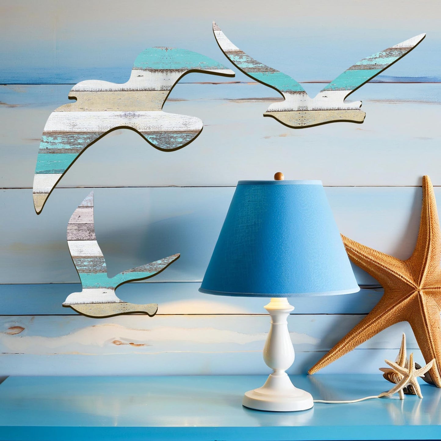 HINGTAI 3Pcs Wood Seagull Beach Wall Art, Nautical Self-adhesive Seagull Decorations, Coastal Themed Decors for Home Bedroom Living Room