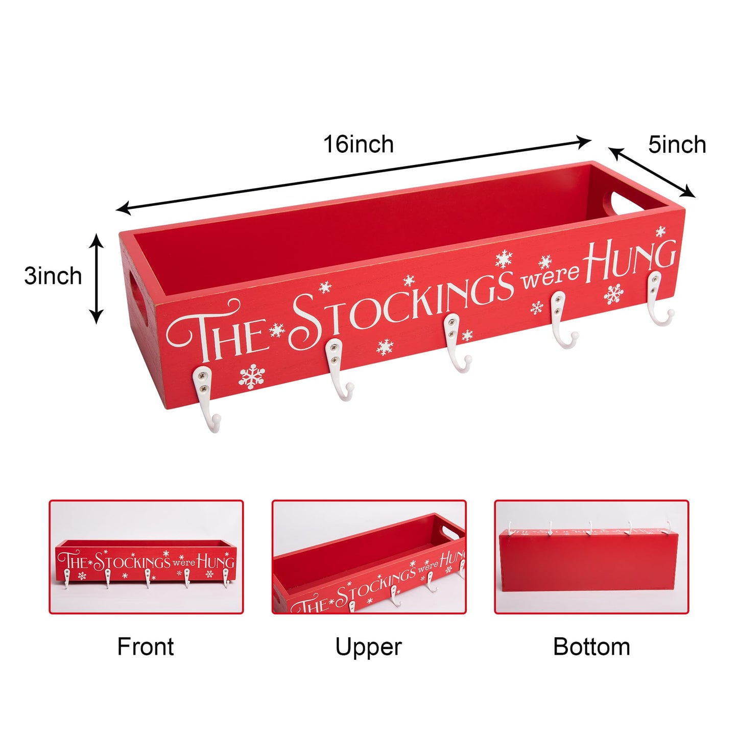 HPC Decor Christmas Stocking Holders, Wooden Box with 5 Hook Stockings Hangers Christmas Decoration for Fireplace Mantel Wood Organizer Storage