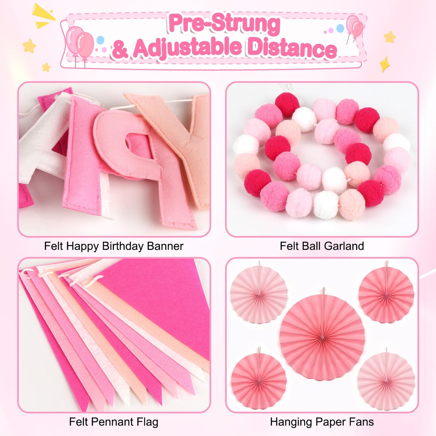 Danadia Pre-Strung Happy Birthday Banner, Reusable Felt Birthday Party Decorations, 3D Effect Happy Birthday Sign with Felt Ball Garland, Pennant Flag, Hanging Paper Fans for Men Women Boy Girls (Pink)
