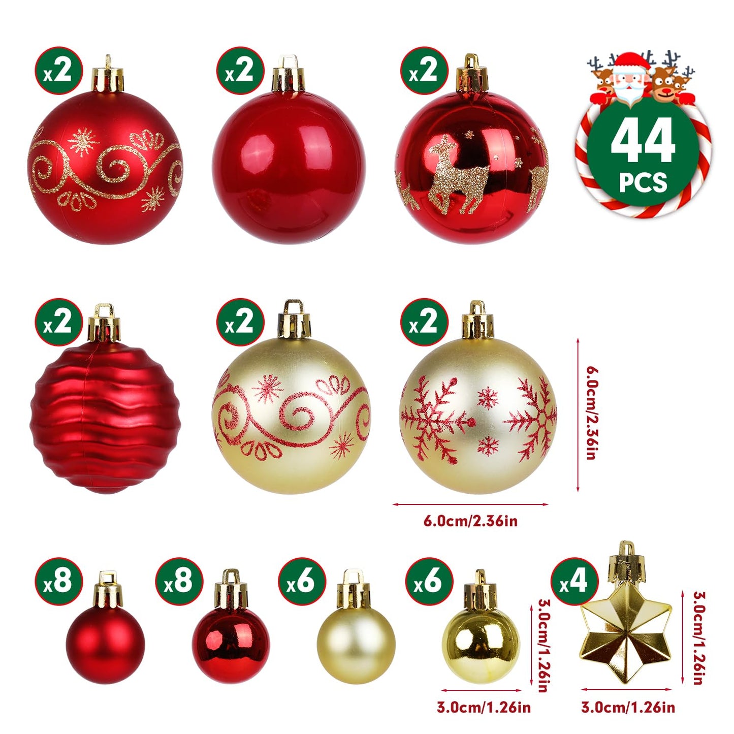 SULOLI Christmas Balls Ornaments Set, 44 Pcs Xmas Shatterproof Plastic Baubles Hanging Balls for Christmas Tree Holiday Party Wedding Decoration (Red & Gold)