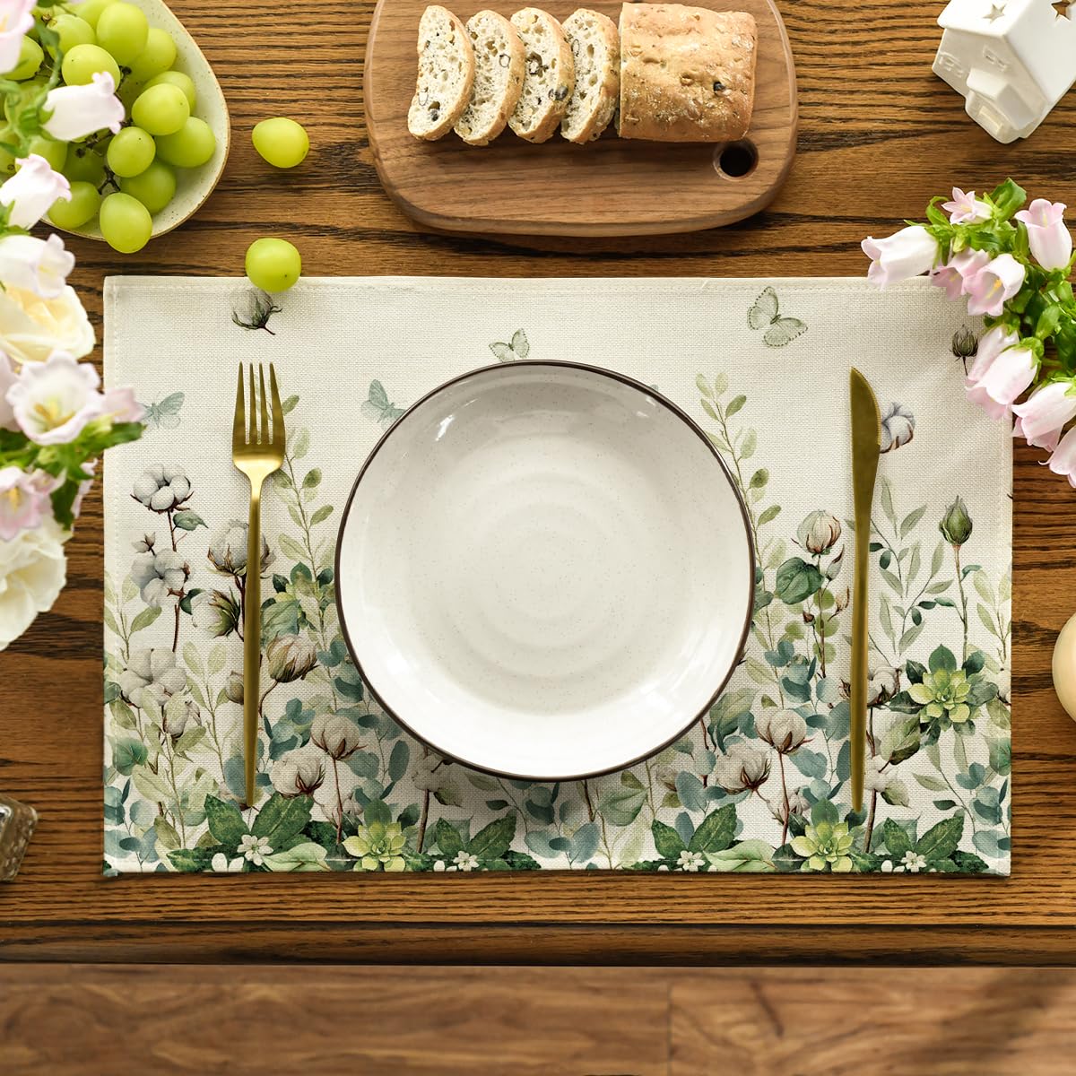 Artoid Mode Cotton Plant Leaf Butterfly Spring Placemats Set of 4, 12x18 Inch Seasonal Summer Holiday Table Mats for Party Kitchen Dining Decoration