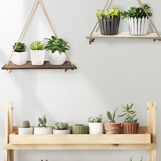 FuninCrea Hanging Shelves for Wall, 13.7×5.5 Inch Rustic Wood Floating Shelves with Swing Rope, Decorative Hanging Wall Shelf Photo Plant Display Shelf for Living Room Bedroom (Dark Brown)