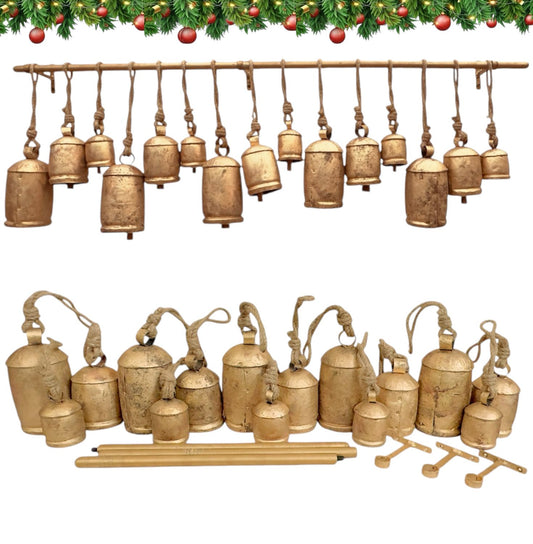 RW Rustic Giant Christmas Bells - Set of 15 Vintage Style Harmony Shabby Chic Bells with Hanging Rod Tool for Mantel Decor, Stocking Holder
