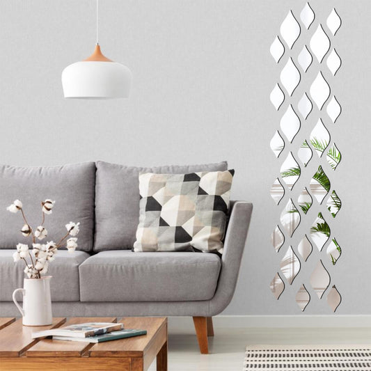 DARENYI 32Pcs Silver Teardop Mirror Wall Stickers Shatterproof Acrylic Mirror Tiles Self Adhesive Wall Decor Decals for Living Room, Bathroom, Bedroom, TV Background, Entryway Decor
