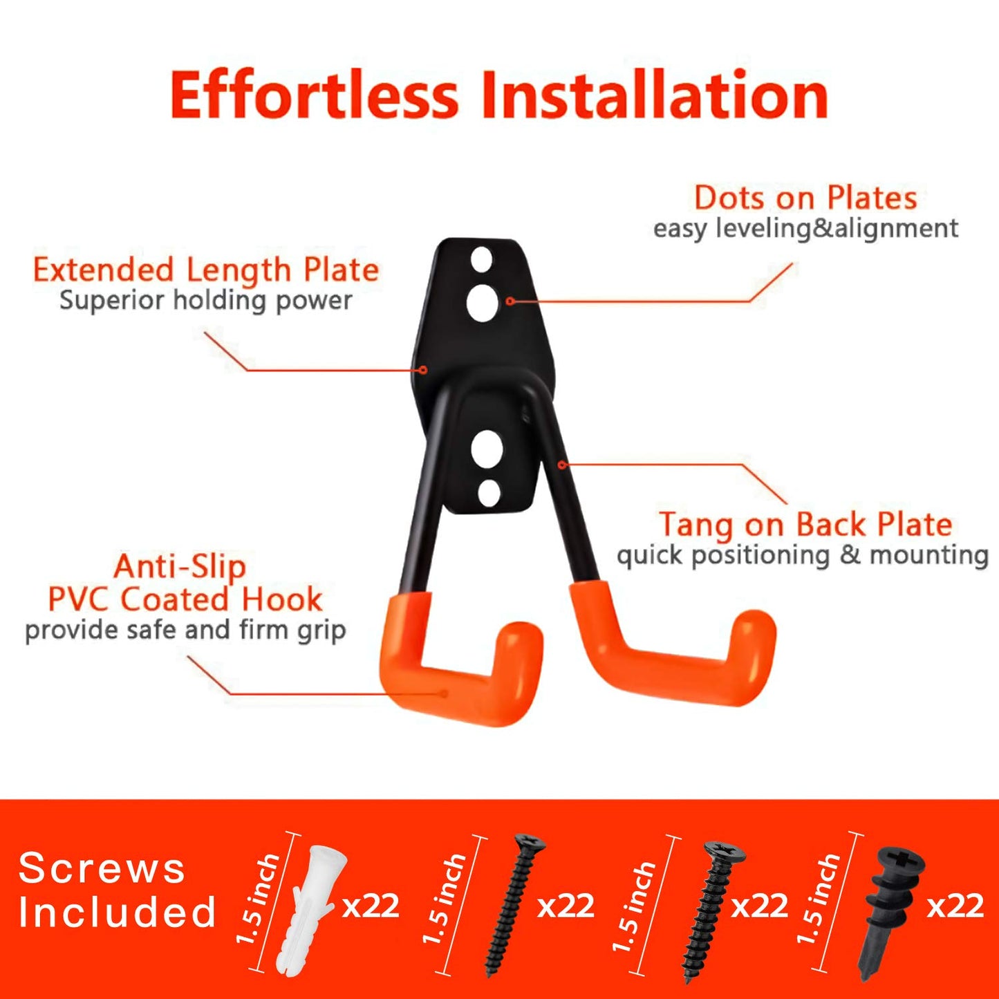 Garage Hooks, 12 Pack Wall Storage Hanger with 2 Extension Cord Straps, Heavy Duty Tool Holder for Utilities Organization, Wall Mount Rack for Garden Lawn Tools, Ladders, Bike, Ski (Orange)