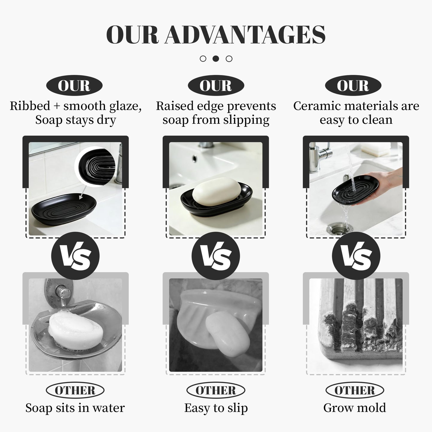 Cbrytacs Ceramic Soap Dish,with Raised Center to Keep Soap Dry - A Quick-Drying Soap Tray for Bathroom, Shower & Kitchen Sink, Decorative Organizer for Jewelry, Sponges, Keys (Black)