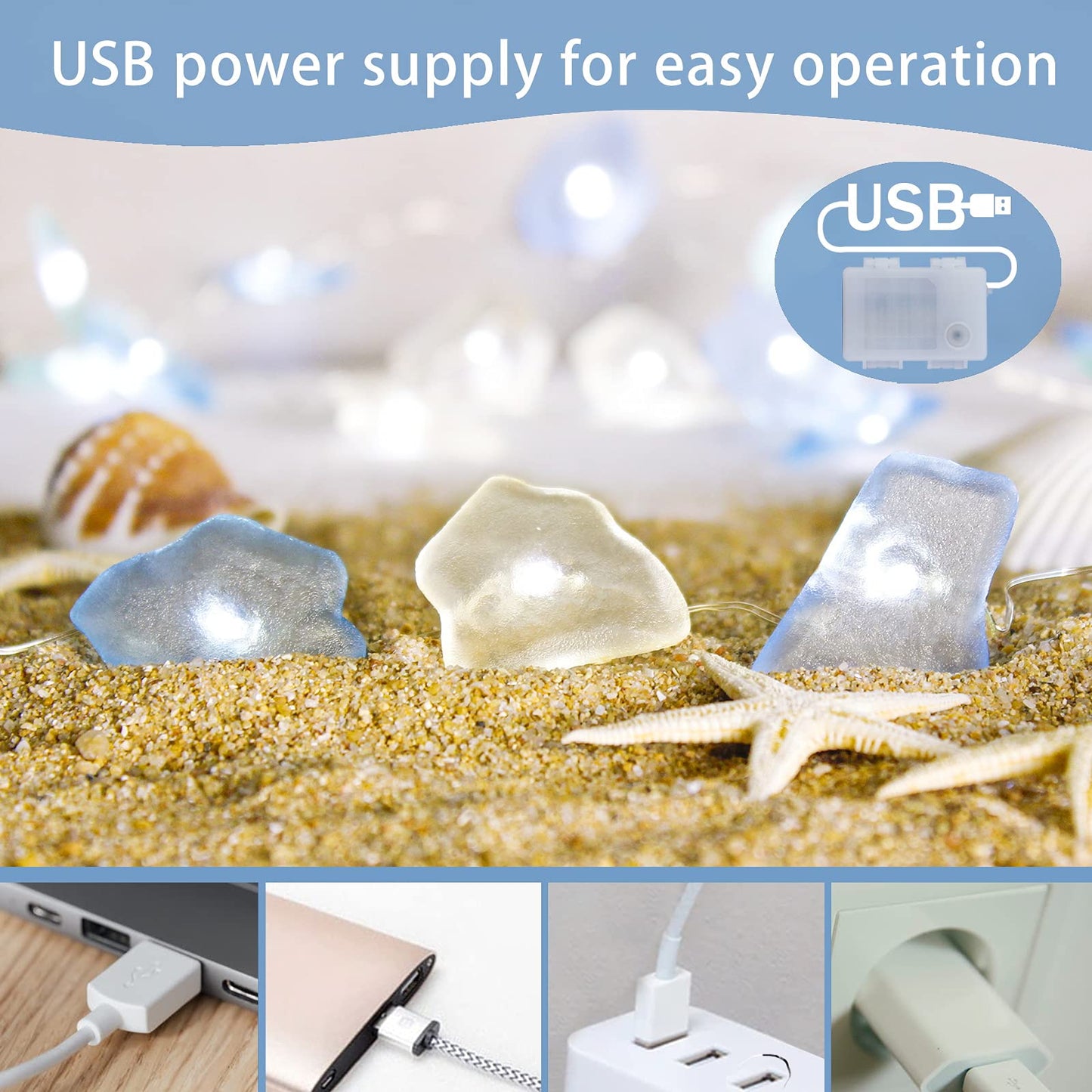 Impress Life Ocean Decor String Lights, Sea Glass Festive Beach Themed 10 ft 40 LEDs Battery&USB Cord Operated Decorative Lights with Remote Timer for Tent Wedding Nursery Bedroom Party Ornament