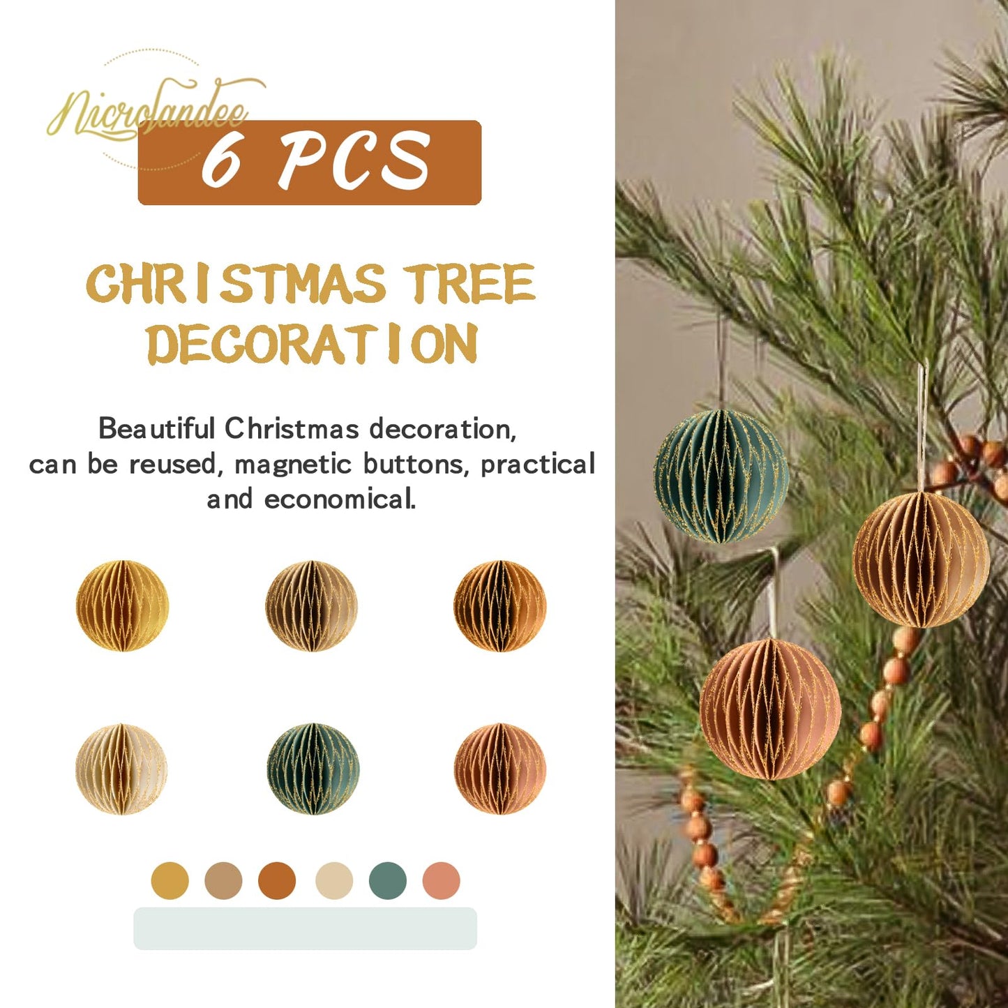 NICROLANDEE Christmas Hanging Decorations, 6 PCS Nature Round Glitter Edge Paper Honeycomb Ornaments, Green Brown Mini Paper Lanterns Ornament for Christmas Tree Décor, New Years Party Home Decor