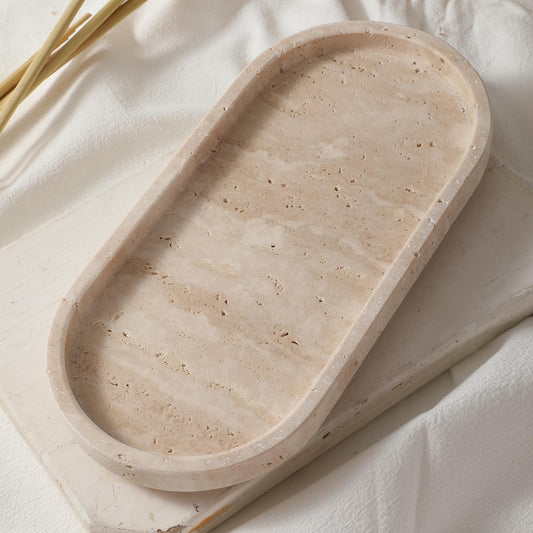 CHISELED ST DF SK Natural Travertine Oval - 10x5 Inch Bathroom and Vanity Marble Small Tray for Soap Bottle, Perfume, Aromatherapy and Jewelry Accessories - Countertop Tray with Non-Slip Raised Base