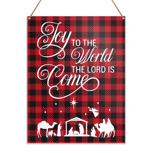 Christmas Wall Decor, Christmas Religious Decorations Hanging Sign for Home Door Kitchen Living Room Buffalo Plaid Holiday Winter Decor Christian Xmas Wooden Plaque, Joy to The World The Lord Is Come