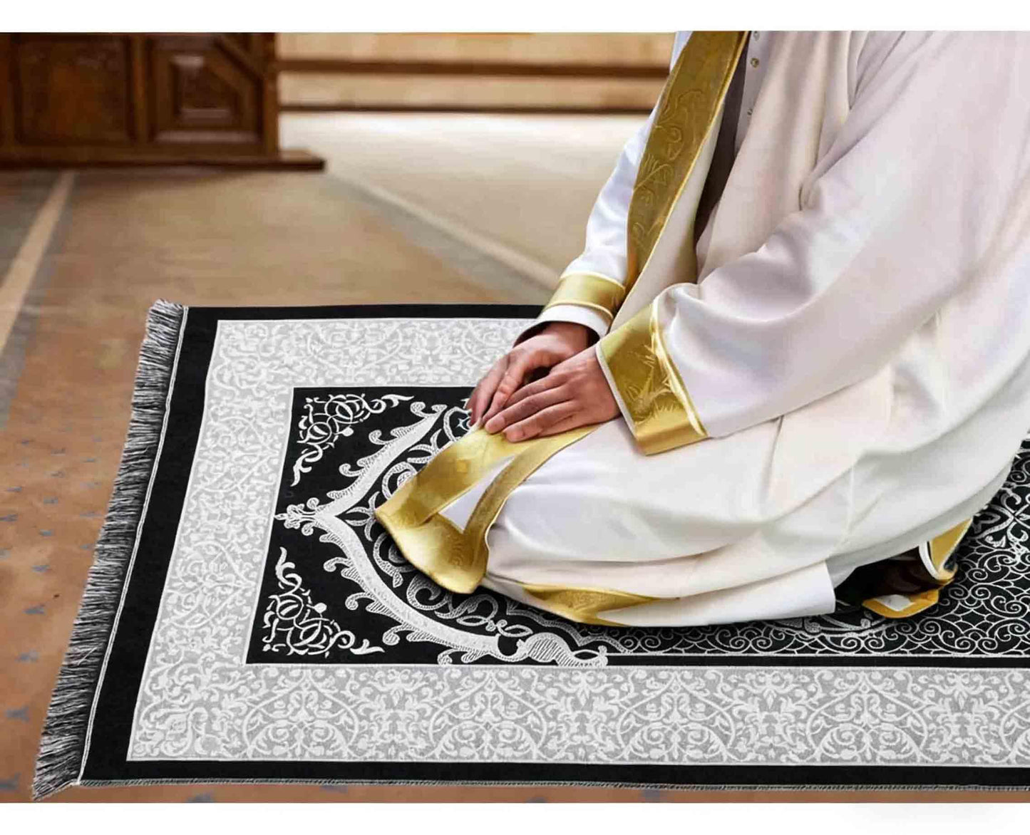 Muslim Prayer Rug and Prayer Beads with Gift Box, Soft Islamic Prayer Mat, Islamic Gifts Set, Prayer Carpet Mat, Sajadah/Janamaaz/Seccade (Black)