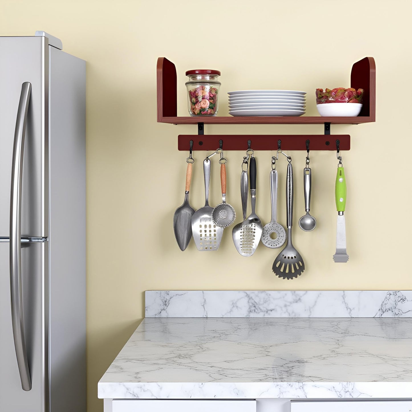 RichArrive Selling at a Loss Promotion,Wooden Shelf with Hooks - Multipurpose Organizer for Kitchen, Books, Kitchen Shelf - Wall Mounted Natural Wood Storage Rack for Home，Floating Book Shelves