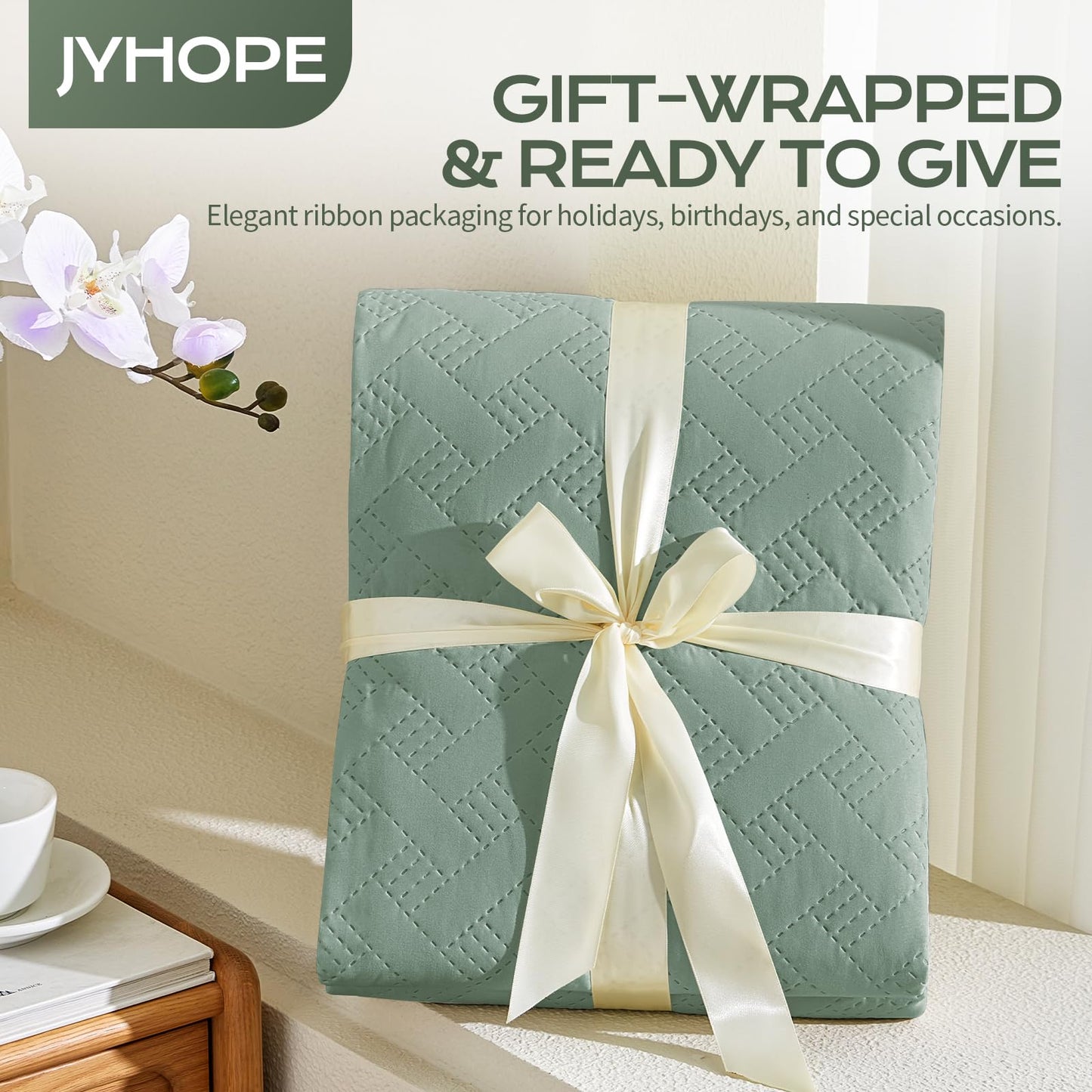 JYHOPE Sage Green Twin Quilt Set 68x90 Lightweight Microfabric Bedspread, 3-Piece Quilt Bedding with Pillow Shams, Summer Cooling Quilts, Ribbon Wrapped Gift