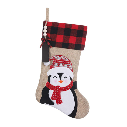 TWSANTAMAS Christmas Stockings Personalized, 20" Burlap Plaid Xmas Stocking with Wooden Tags DIY Name,Farmhouse Holiday Decoration Gifts（Penguin）