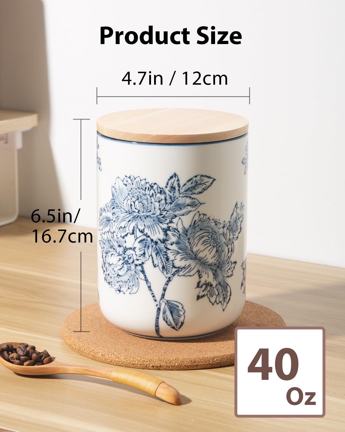 Magclay Ceramic Food Storage Container with Lid, 40 Oz Large Coffee Container, Sugar Canister, Blue and White Patterns, Flowers and Branches