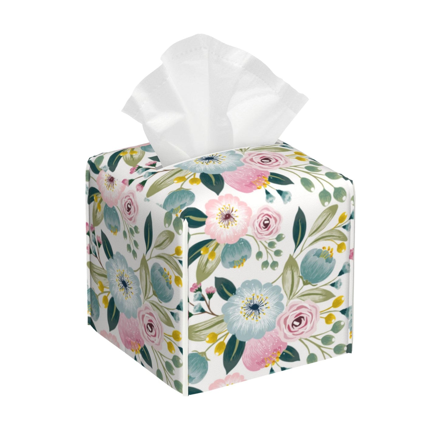 POIUBLE Spring Flowers Tissue Box Cover Leather Tissue Box Holder Square Facial Paper Organizer Dispenser for Bathroom Kitchen Bedroom Vanity Countertop Night Stands