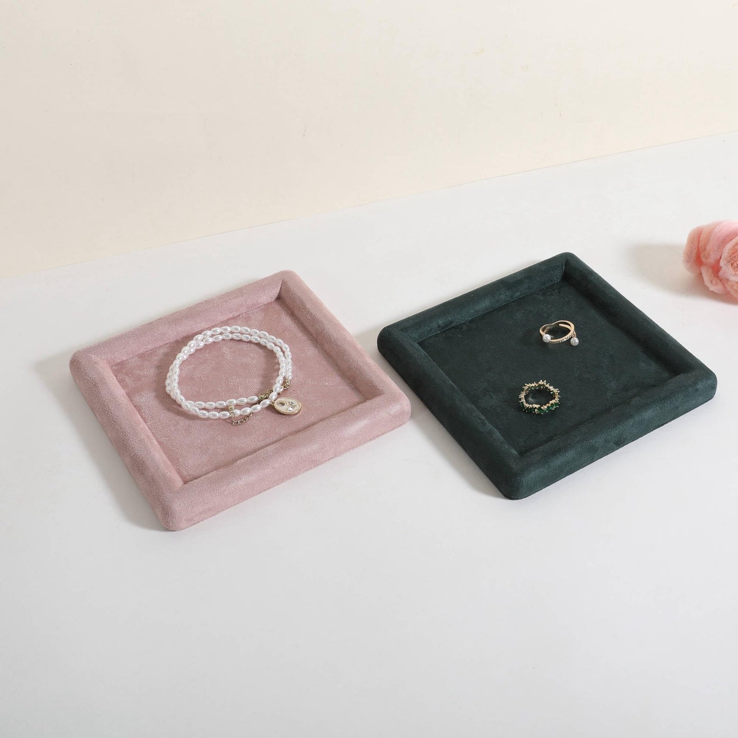 GemeShou Square velvet Jewerly display tray, Jewelry storage organizer plate, Empty Jewelry showcase tray for Necklace Bracelet Ring Earring display stand holder (Pink-Medium, 5.9 x 5.9 in)