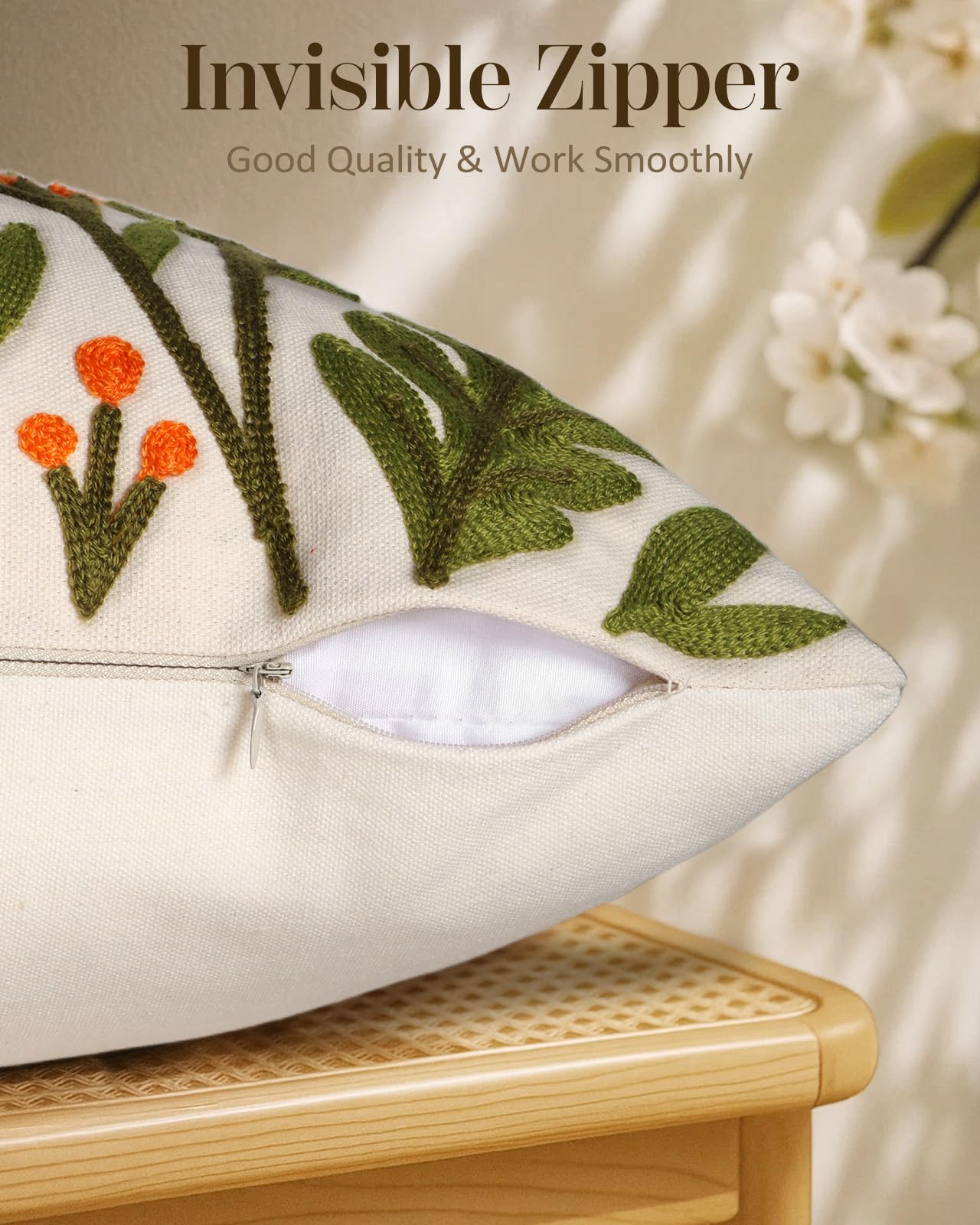 Kokaaee Embroidered Throw Pillow Cover 18x18 Inch - Spring Summer Boho Decorative Pillow Cover with Zipper for Living Room Couch Sofa Bed Aesthetic Design Flower Cluster Cushion Pillowcase