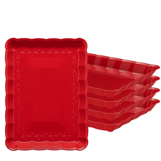 Plasticpro Plastic Serving Trays - Serving Platters Rectangle 9X13 Disposable Party Dish Includes 4 Red Christmas Trays