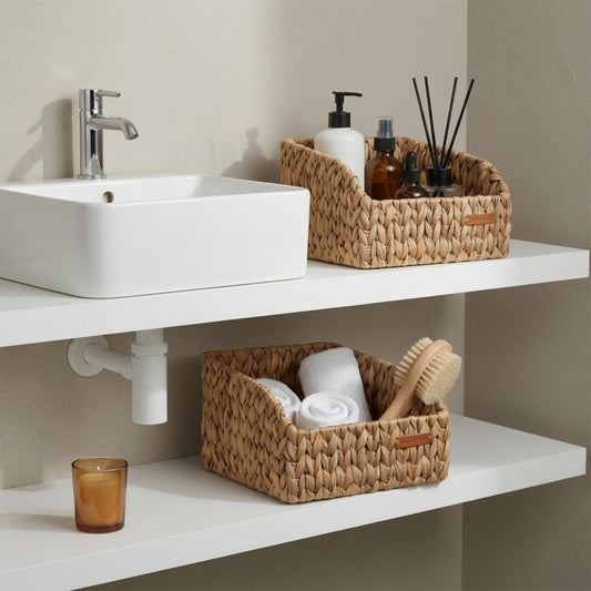 Water Hyacinth Wicker Baskets for Storage, Handwoven Rattan Shelf Basket with Open Front for Organizing Pantry Closet Wardrobe, 100% Natural Decorative Woven Organizer Bin for Cabinet, 2 Pack