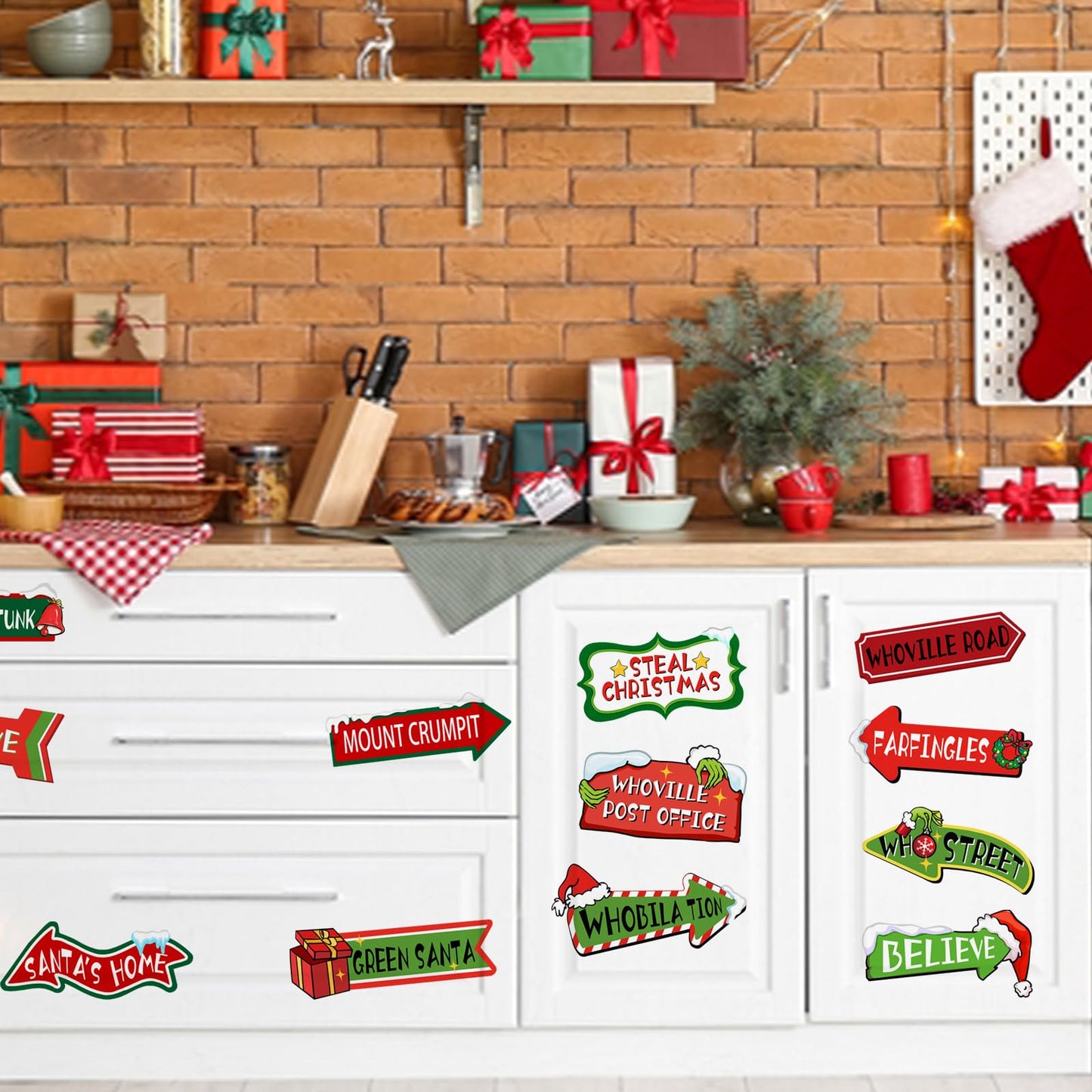 Mfault Christmas Whoville Wall Decals Stickers, Funny Xmas Red Green Road Signs Decorations Bedroom Art, Winter Holiday Gifts Home Kitchen Living Room Decor