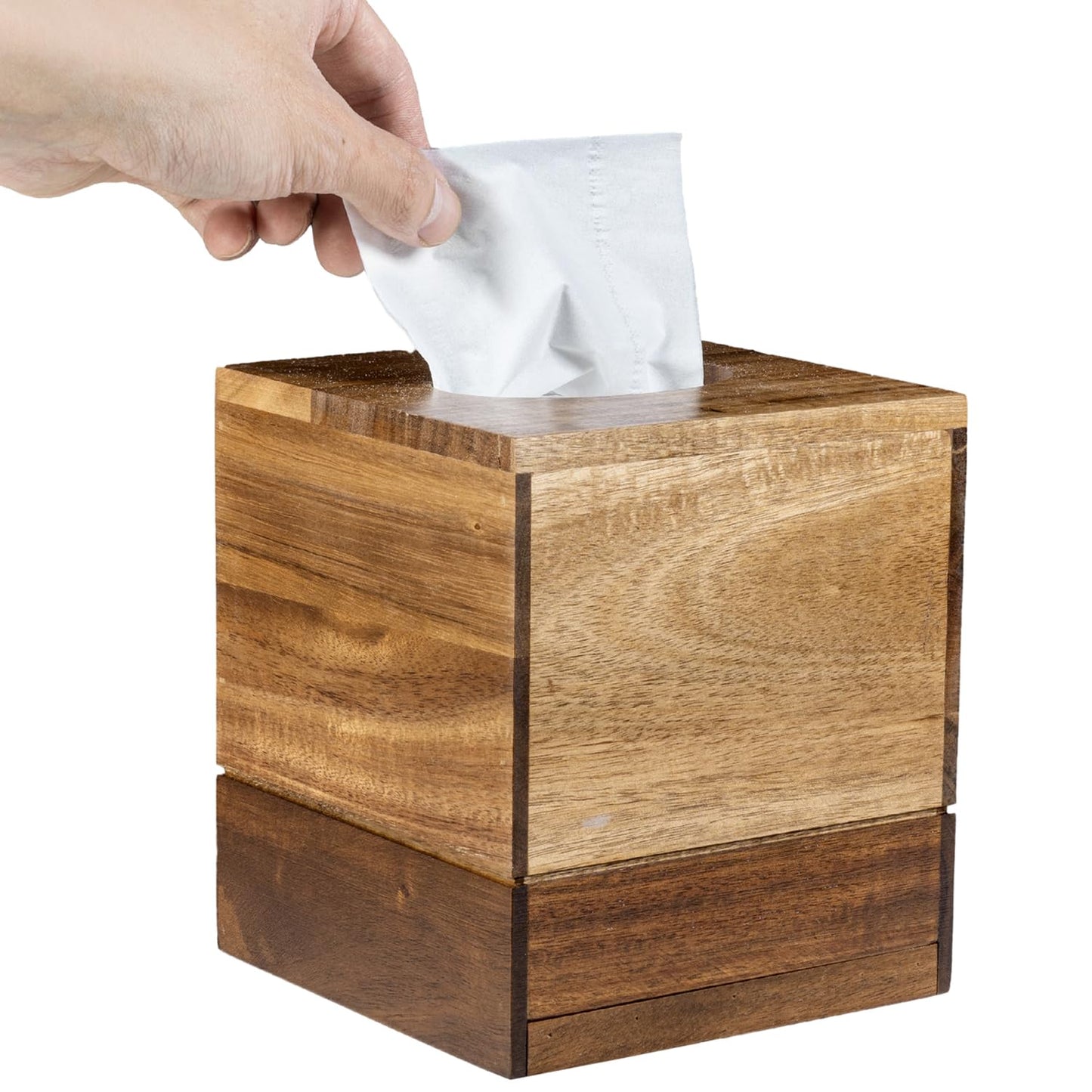 MyGift Premium Dual Tone Solid Acacia Wood Square Bathroom Facial Tissue Box Dispenser Holder Cover with Slide-Out Bottom Panel, 5.5 x 5.5 x 6.3 Inches