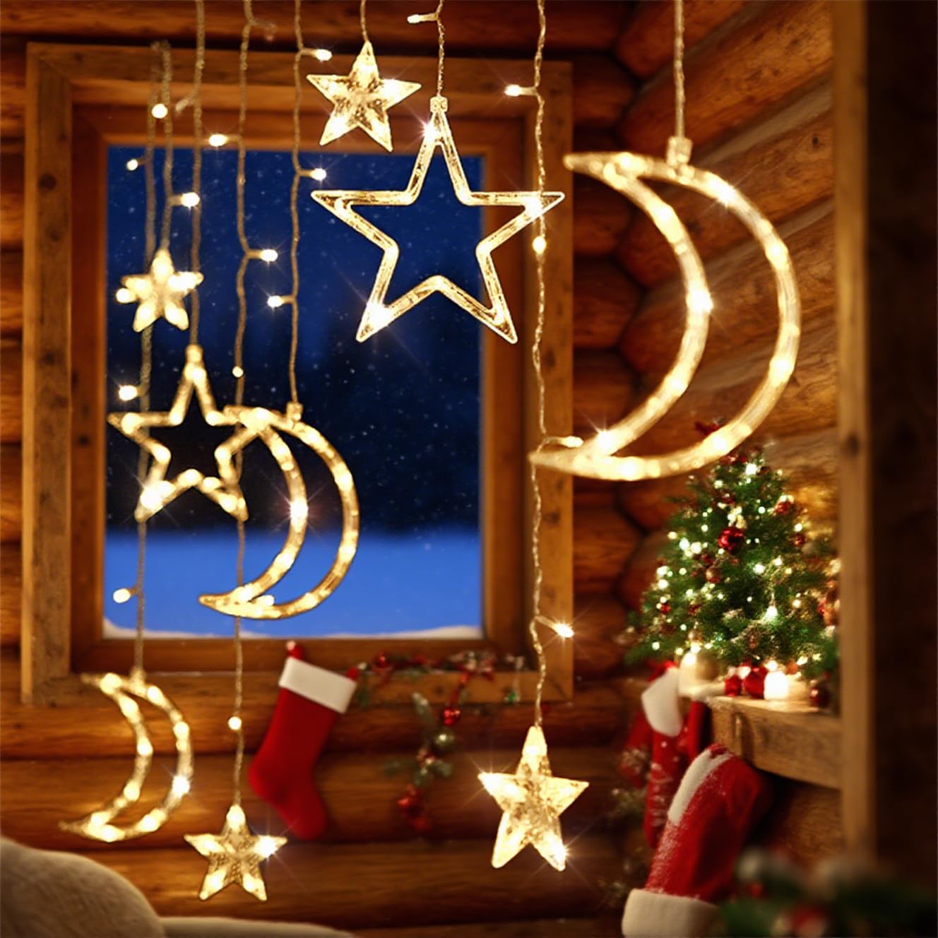 Moon and Stars Decor Curtain Lights, 11.5ft String Lights for Bedroom, Christmas, Ramadan Decor, Indoor LED Fairy Twinkle Light, Battery Operated or USB Plug-in (Warm Yellow)
