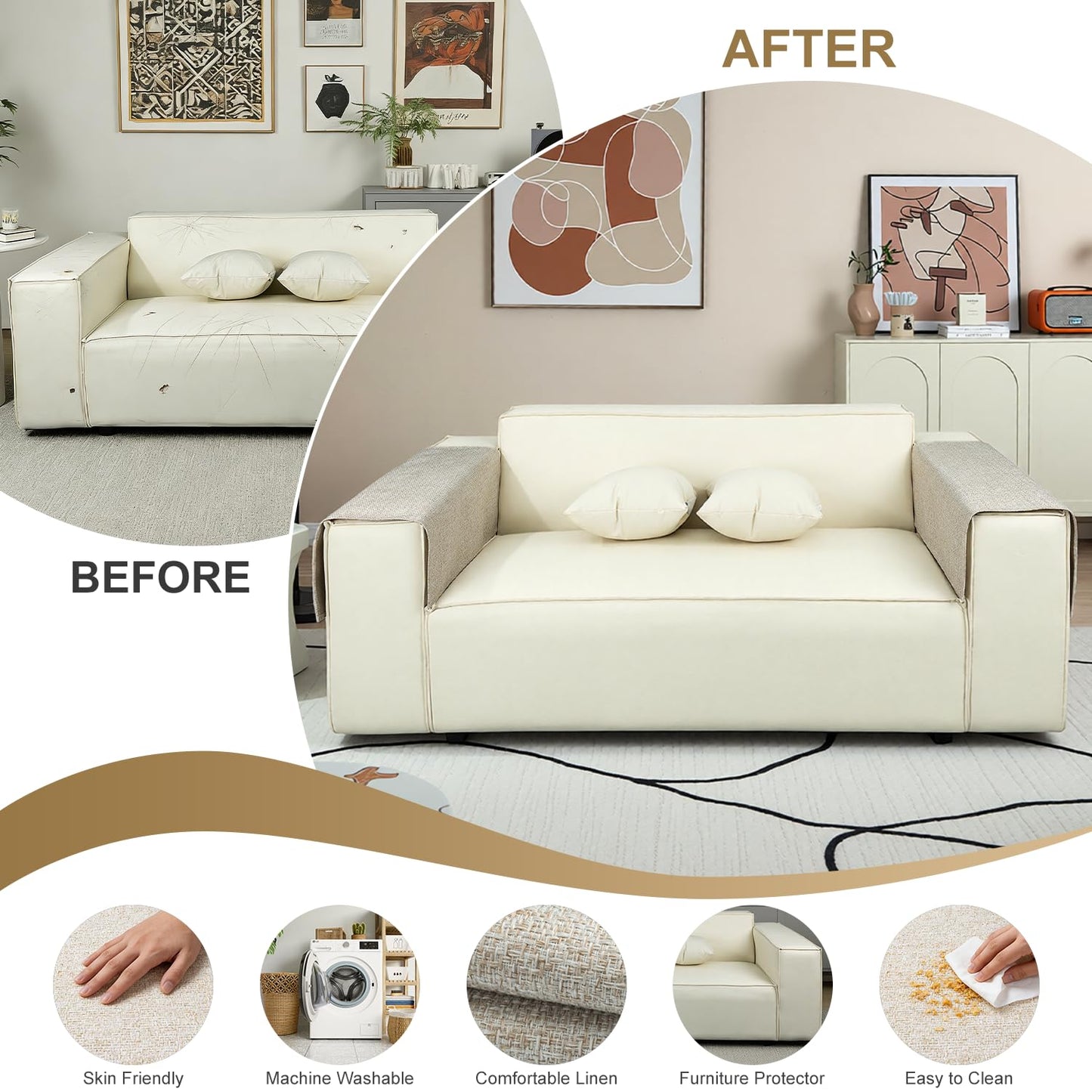 Couch Arm Covers, Arm Chair Covers Set of 2, Non-Slip Sofa Arm Covers, Washable Armrest Cover, Recliner Arm Cover, Sofas Headrest Cover for Sofa/Armchair/Loveseat/Sectional (Beige, 24" x 20" -2pcs)