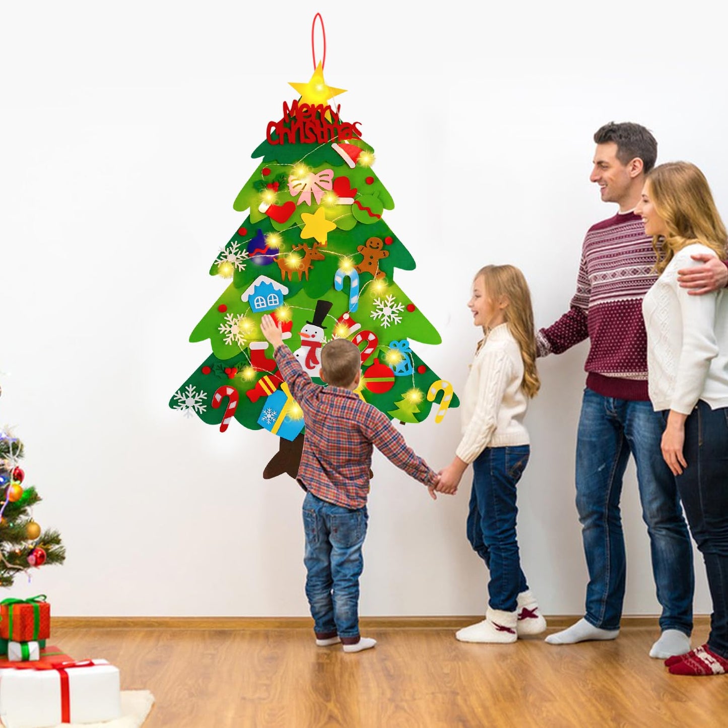 EMPOF Felt Christmas Tree for Toddlers - 3.3ft Felt DIY Tree Set for Kids Wall with Snowflake Lights + 32 Ornaments, Indoor Christmas Home Wall Hanging Decor Decorations, Xmas Activities Gifts